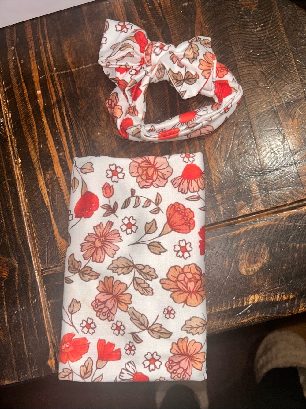 White Floral Headband Set with Red & Tan Flowers ~infant size. So very soft.